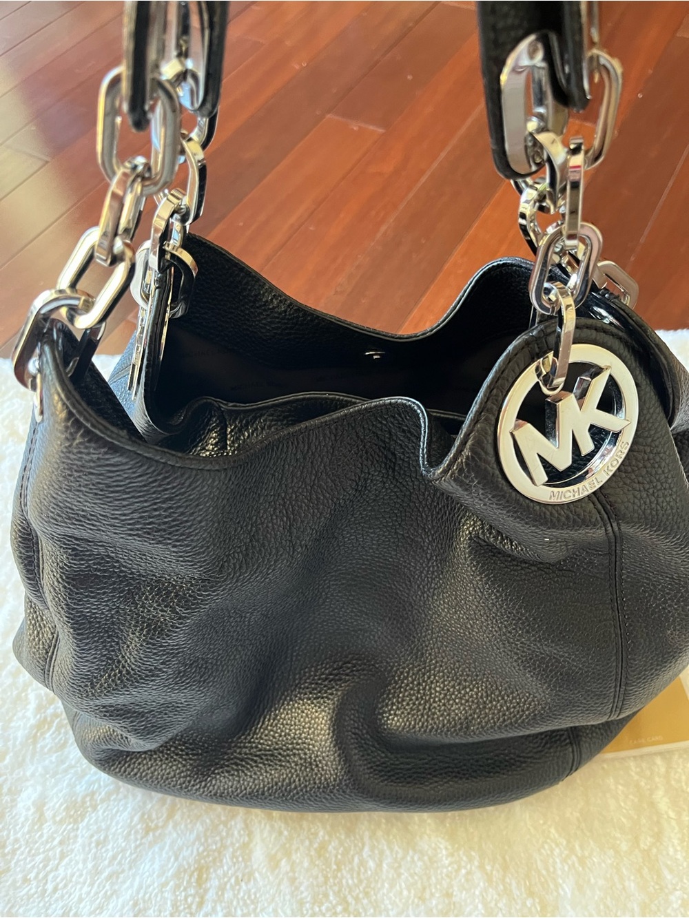 MICHAEL Michael Kors Black Pebbled Leather Shoulder Bag with Silver MK Charm